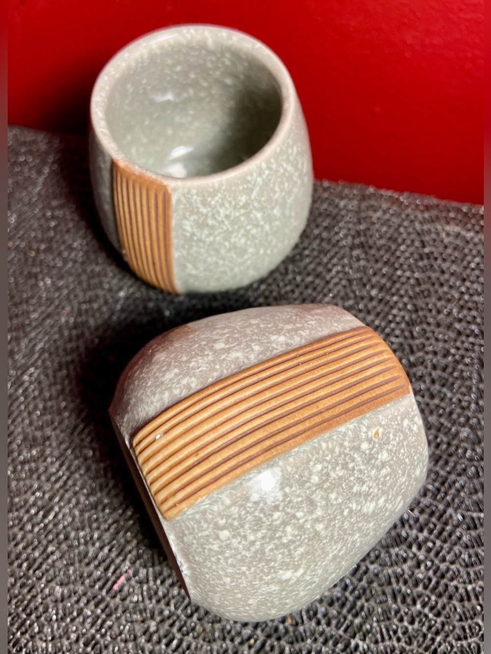 Speckled Gray Ceramic Sake Tiny Cups with Wood Accent 2” Tall